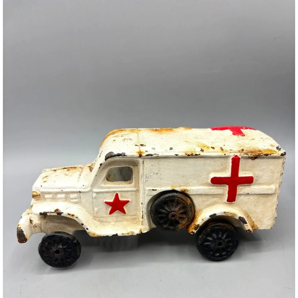 Vintage Cast Iron Ambulance Toy Red‎ Cross Star White Painted Metal